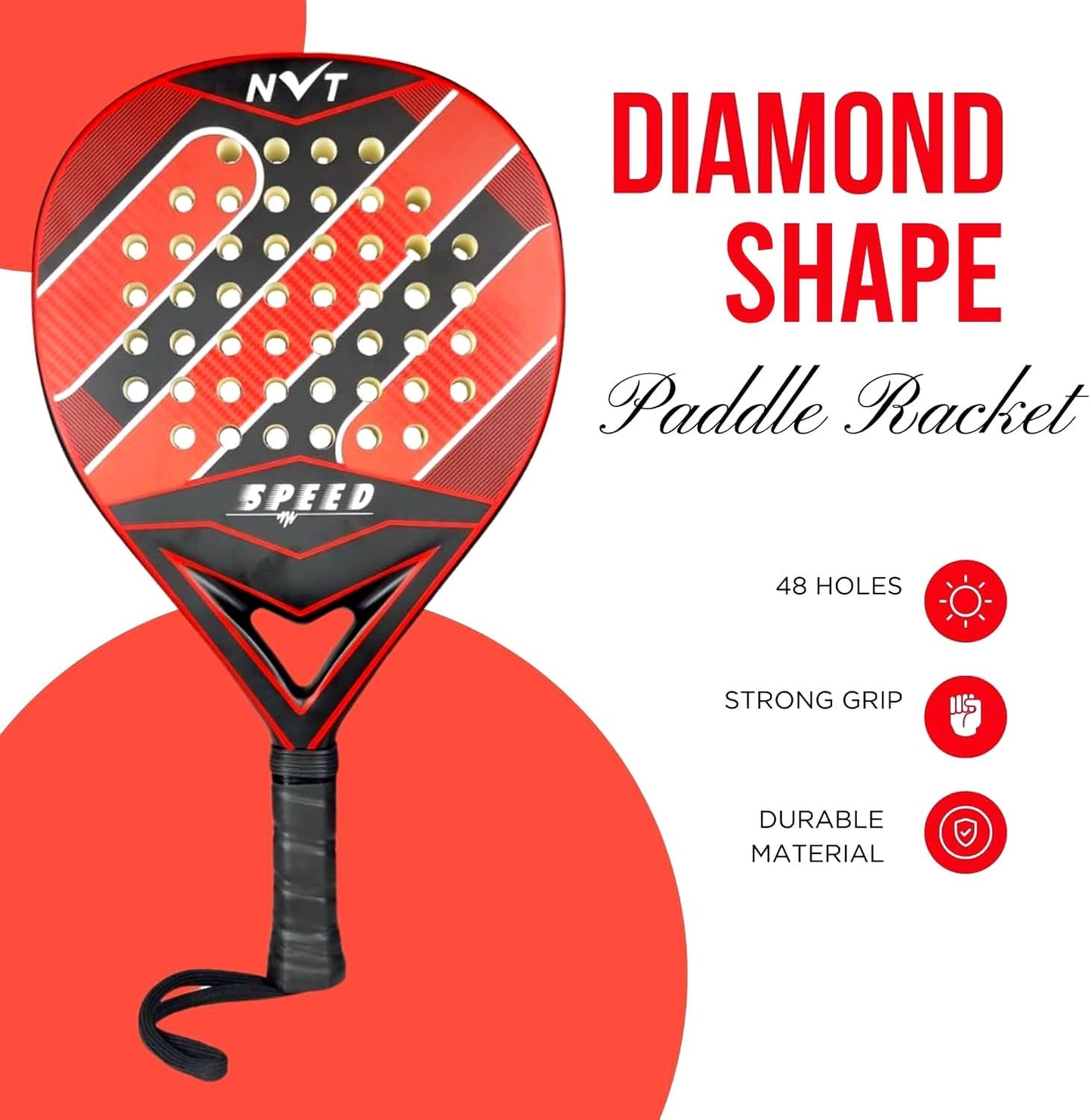 Paleta de pádel | Fibra de carbono | diseño ligero con agarre cómodo | Cabeza híbrida de fibra de vidrio y fibra de carbono