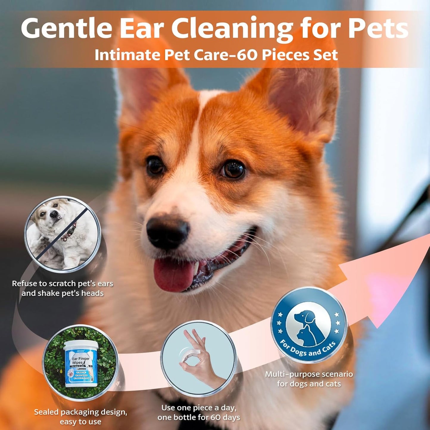 OBSEDE Toallitas de Limpieza para Oídos de Perros y Gatos | 60 Unidades en Dedo | Aroma Coco, Naturales y Suaves