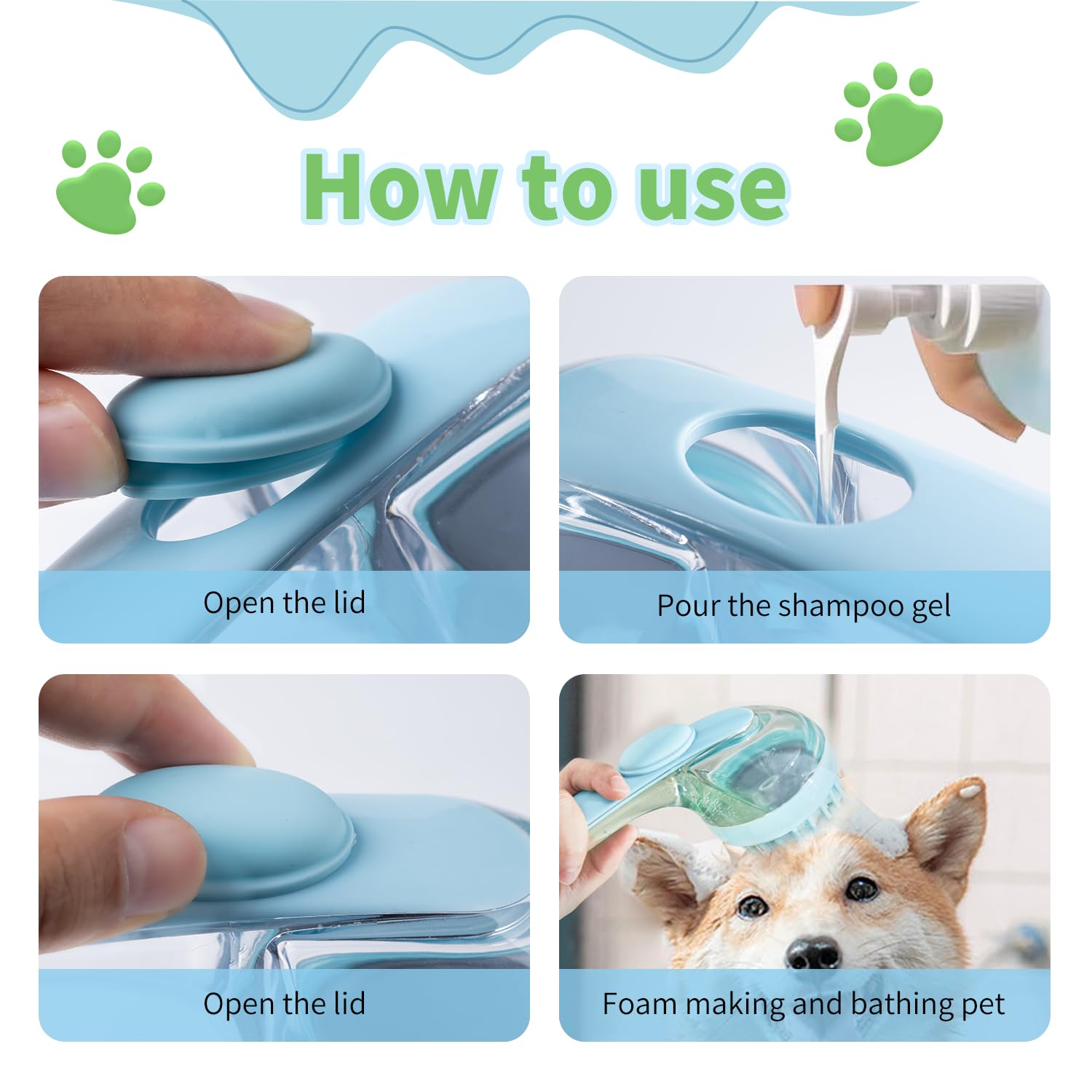 Set de Baño para Mascotas 6 Piezas | Cepillo con Dispensador de Shampoo, Cepillo de Barbilla para Gatos, Cepillo de Dientes y Guante de Masaje Ajustable