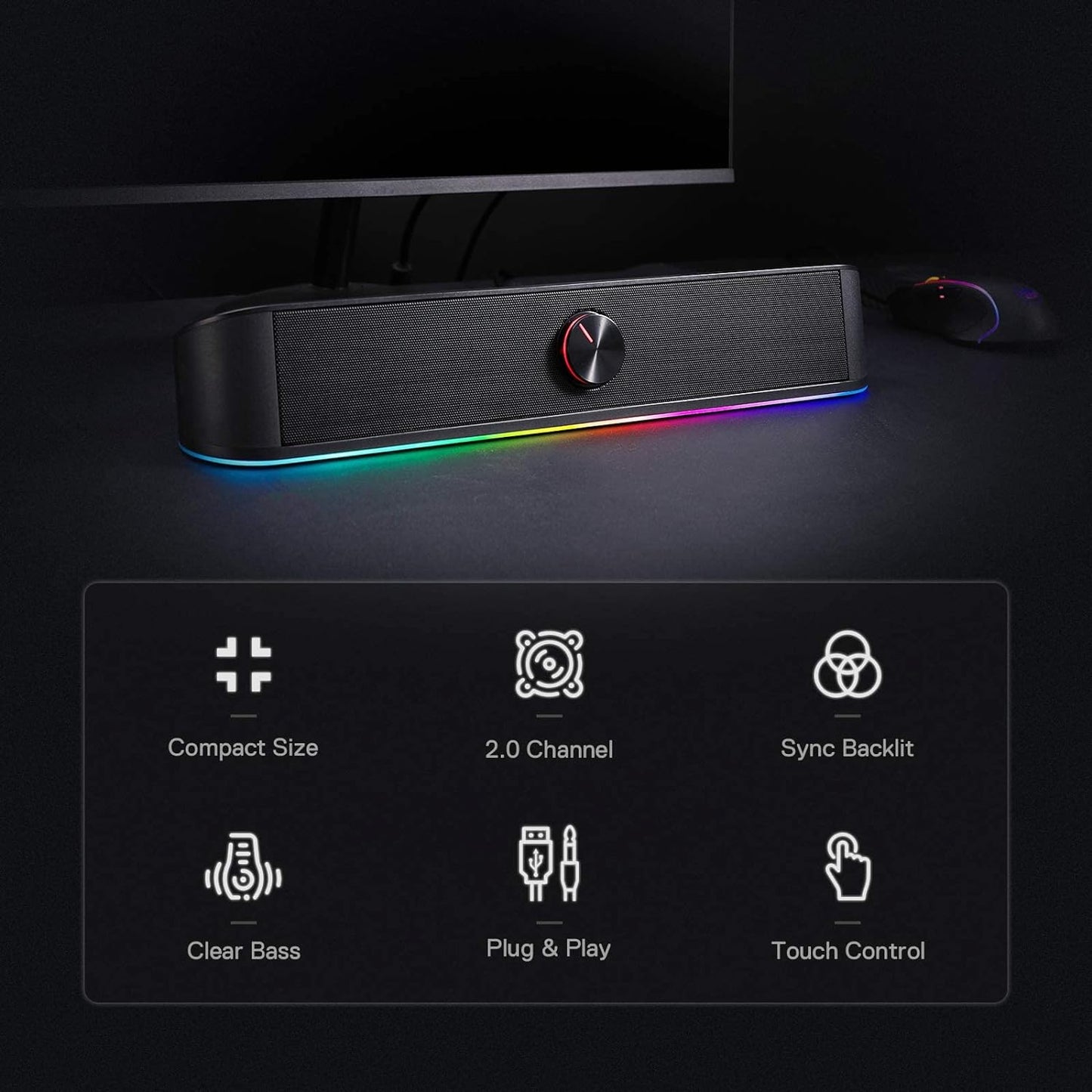 Redragon GS560 RGB Soundbar, Barra de Sonido Estéreo 2.0 para PC – Negro