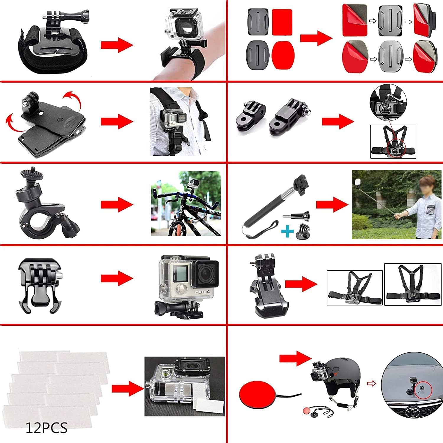 Kit de Accesorios 60-en-1 para Cámara de Acción — Compatible con GoPro Hero 13/12/11/10/9/8/7/6/5/Session 5/Hero 4/3+/3/2/1, GoPro Max/Fusion, Insta360, DJI Osmo Action, AKASO, APEMAN, Campark, SJCAM