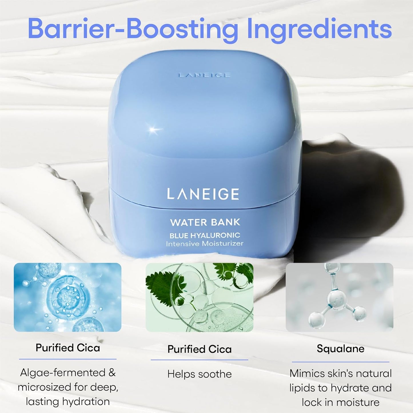 LANEIGE Crema hidratante de agua con Acido hialurónico intensivo con Peptidos + Escualano: piel propensa al eczema, refuerzo de barreras, nutrición, sequedad