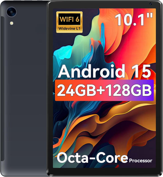 Tablet Android 10.1" Octa-Core, 24 GB RAM (4+20) + 128 GB, Wi-Fi 6, BT 5.0, Pantalla IPS HD, Batería 8 h | Android 15 (2025) – URAO