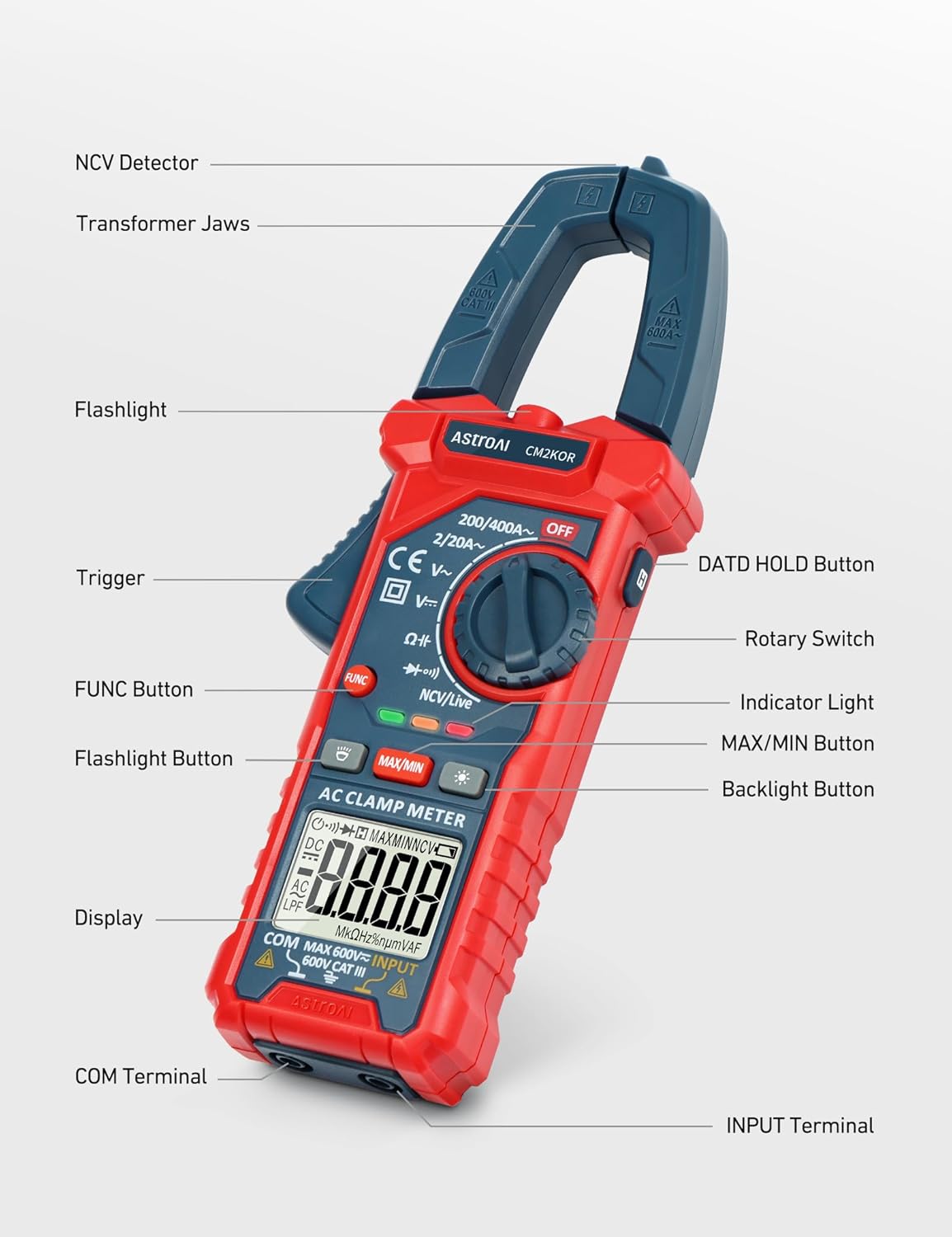 Multímetro Digital de Gancho – TRMS 2000 Cuentas Auto-Rango, Voltaje AC/DC, Corriente AC, Resistencia, Capacitancia, Continuidad, Diodo y NCV Detector de Cables Vivos – Pantalla Retroiluminada & Linterna (CM2K0R, Azul)