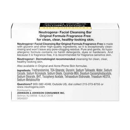 Neutrogena Original Fragrance-Free Facial Cleansing Bar with Glycerin, Pure & Transparent Gentle Face Wash Bar Soap, Free of Harsh Detergents, Dyes & Hardeners, 3.5 Oz