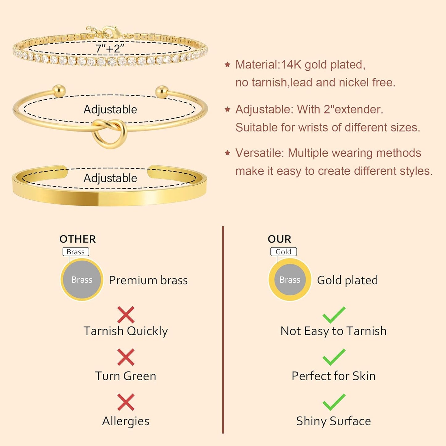 Set de Pulseras para Mujer – Brazalete Dorado Tipo Cuff con Nudo + Pulsera Tennis con Zirconias, Baño de Oro 14K, Antidesgaste, Elegante y de Moda