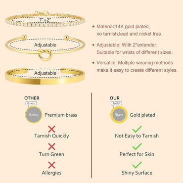 Set de Pulseras para Mujer – Brazalete Dorado Tipo Cuff con Nudo + Pulsera Tennis con Zirconias, Baño de Oro 14K, Antidesgaste, Elegante y de Moda