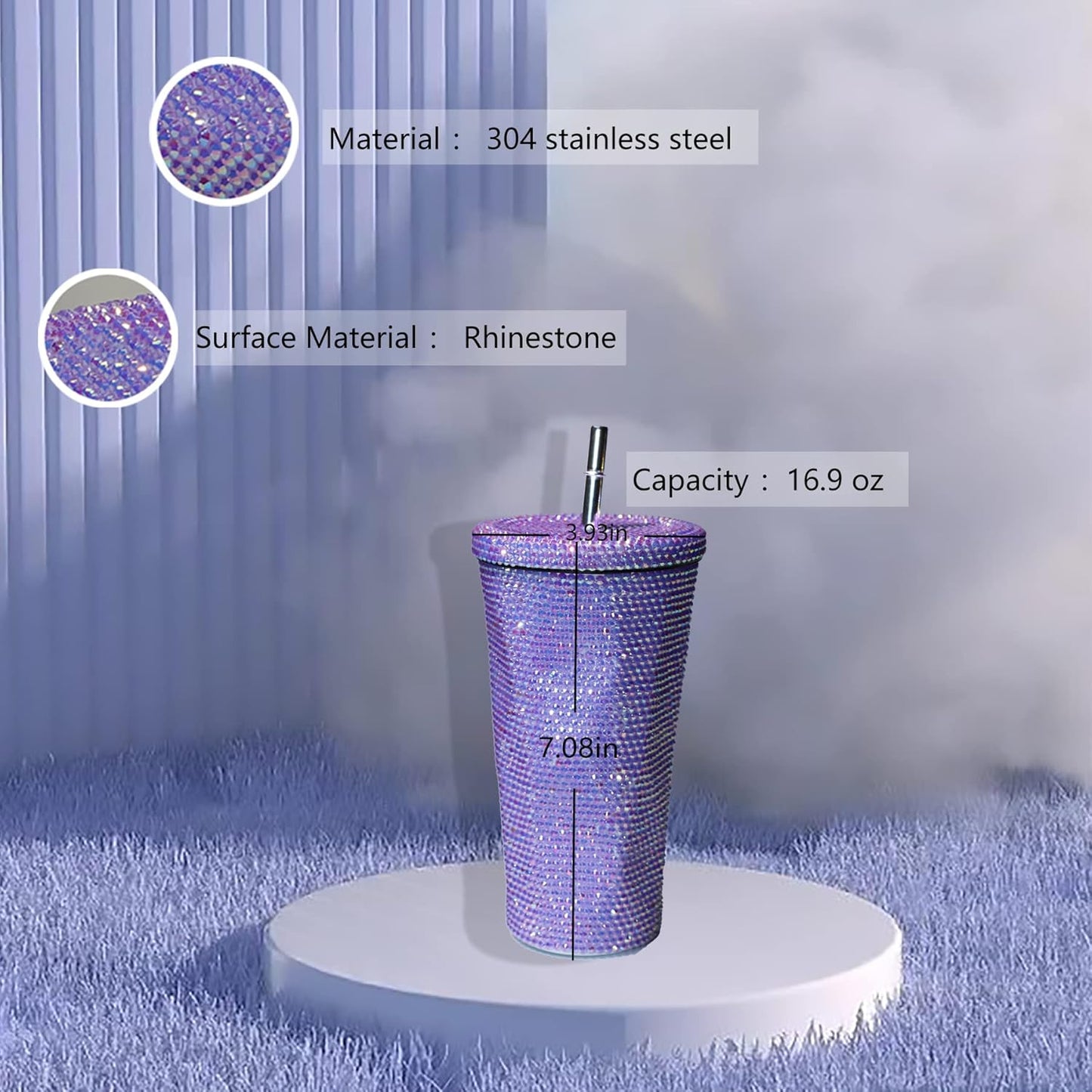 Vaso térmico con diamantes de imitación con tapa | 500 ml | Aislado de acero inoxidable con diamantes de imitación de primera calidad | Color: Plata