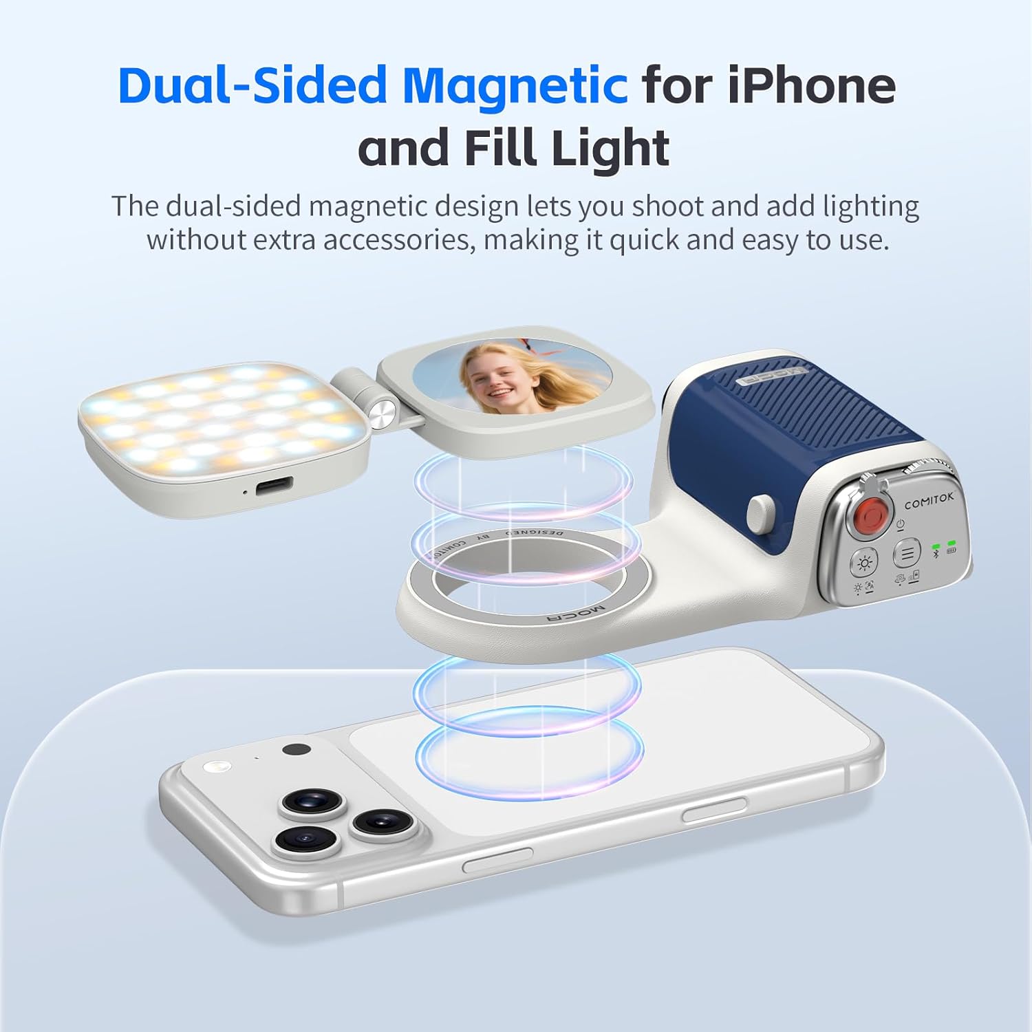 Accesorio para filmar | UGC | Compatible con iOS17 e iOS18 | Agarre magnético con control remoto | Color Azul