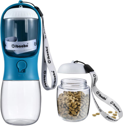 Botella de Agua para Perros con Contenedor de Alimento (2 en 1) | Portátil, Antifugas y con Filtro de Carbón – 10oz/300ml y 19oz/550ml | Accesorio de Viaje para Perros y Gatos