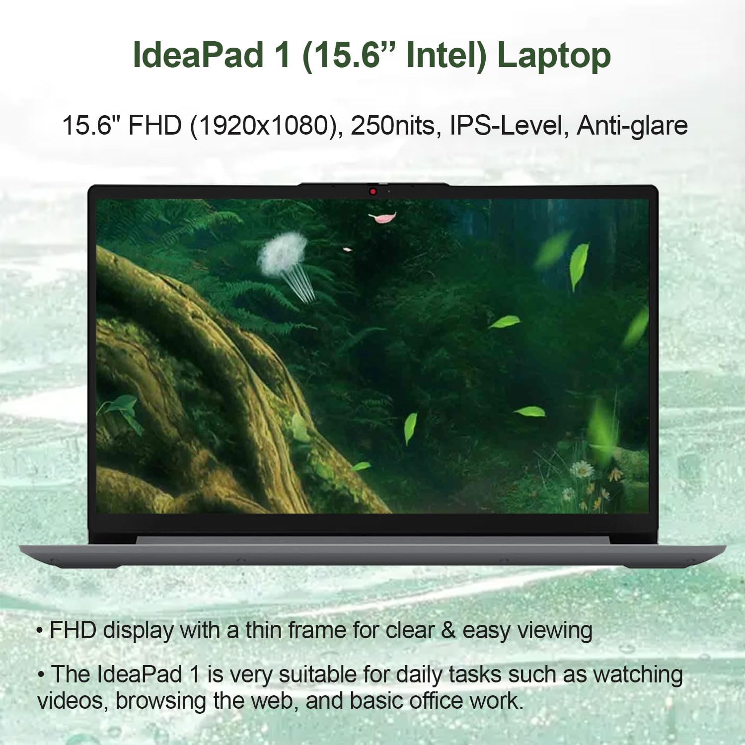 Ideapad 1 Home Laptop, 15.6" FHD Display, Intel Celeron Dual Core Processor, 8GB RAM, 384GB Storage(128Gb Emmc + 256GB Pcie), 1 Yr Office 365, Wi-Fi 6, W11H, Additional 1 Yr ADP