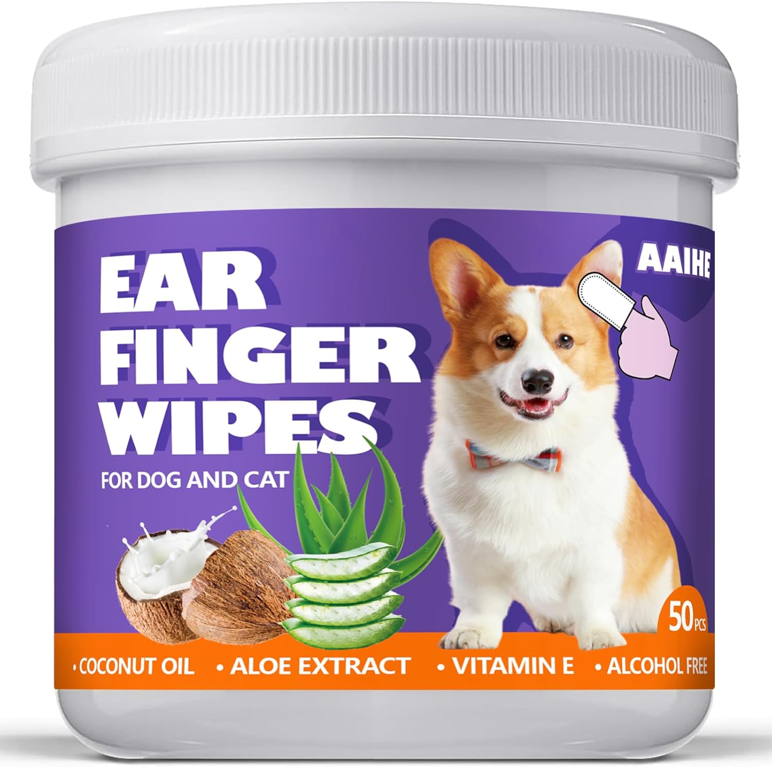 Toallitas para Limpieza de Oídos de Perros y Gatos | Diseño en Dedo, 50 Unidades | Aroma Coco, Ingredientes Naturales