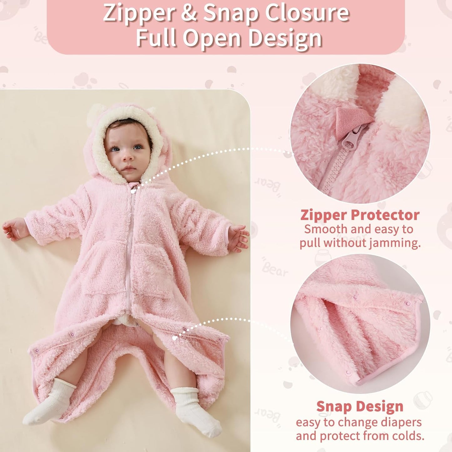 Traje Rosado de Oso para Bebé Recién Nacido con Mitones Plegables y Patucos para Niñas y Niños Ropa de Invierno de Vellón con Capucha Mameluco Traje de Nieve