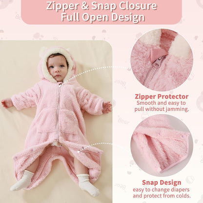 Traje Rosado de Oso para Bebé Recién Nacido con Mitones Plegables y Patucos para Niñas y Niños Ropa de Invierno de Vellón con Capucha Mameluco Traje de Nieve