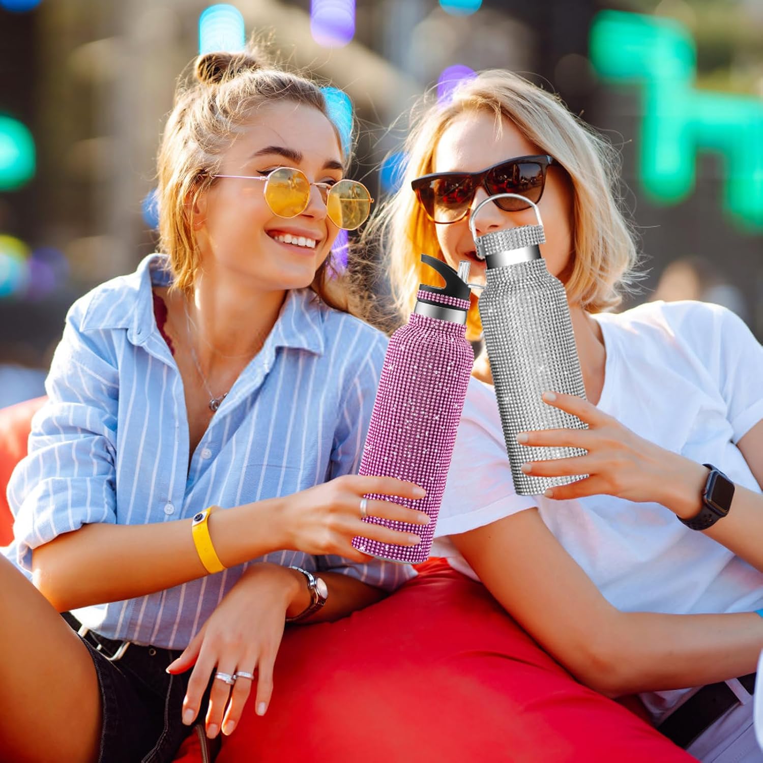 Botella de agua con glitter de imitación | Botella térmica de acero inoxidable | 2 tapas intercambiables | Color: Plata