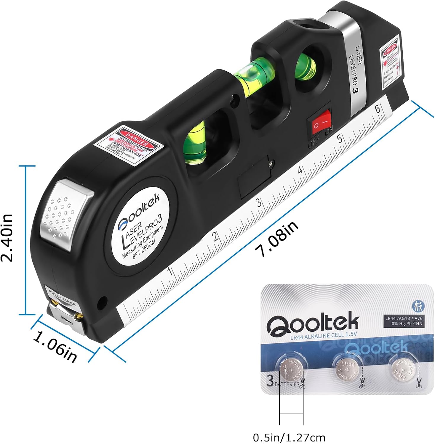 Nivel Láser Multiusos – Qooltek con Cinta Métrica 2,5M, Reglas en Pulgadas y Milímetros, 3 Modos de Láser (Vertical, Horizontal, Cruzado), Incluye Baterías