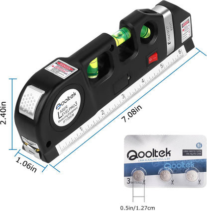 Nivel Láser Multiusos – Qooltek con Cinta Métrica 2,5M, Reglas en Pulgadas y Milímetros, 3 Modos de Láser (Vertical, Horizontal, Cruzado), Incluye Baterías