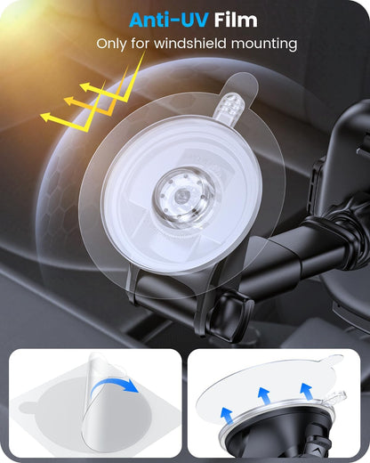 Soporte de Celular para Auto 3-en-1 – Tablero, Parabrisas y Rejilla de Aire | Ventosa de Alta Succión, Brazo Ajustable, Rotación 360° | Compatible iPhone & Android