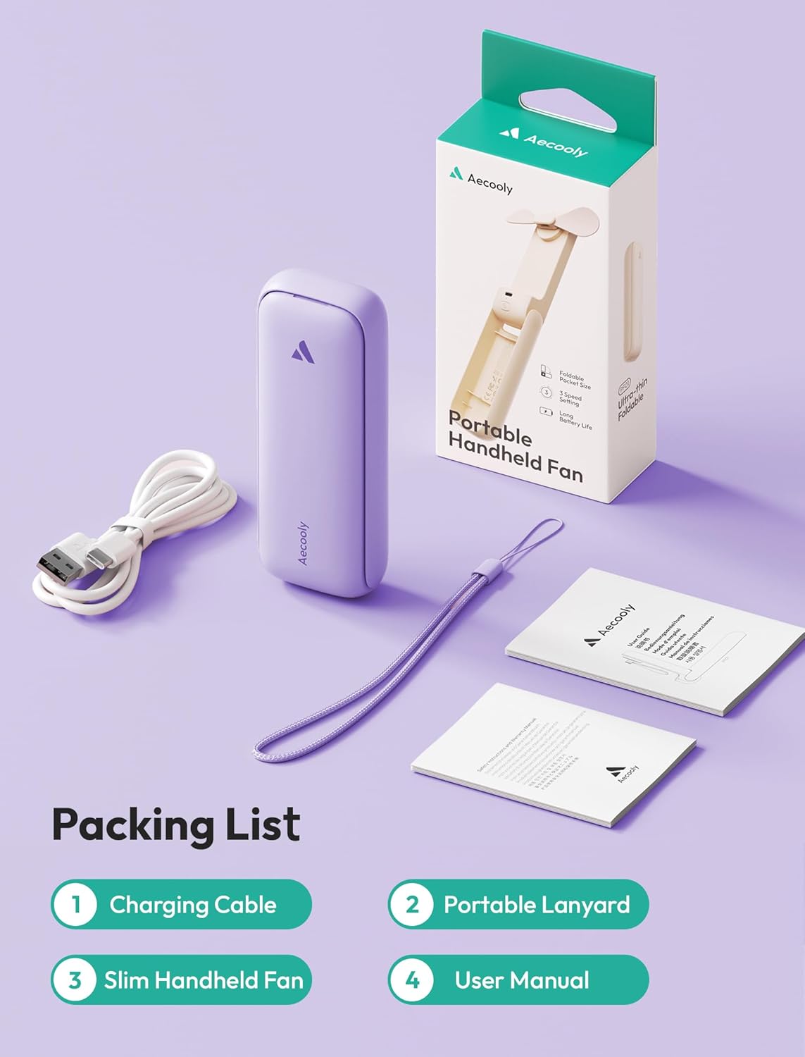Ventilador de mano Ultra delgado | recargable | Color Lila