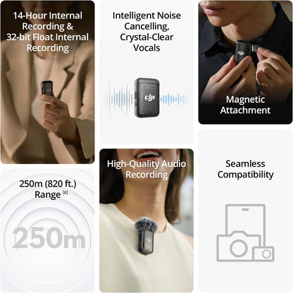 DJI Mic 2 (1 TX + 1 RX) Micrófono Inalámbrico con Cancelación Inteligente de Ruido y Grabación Interna 32-bit