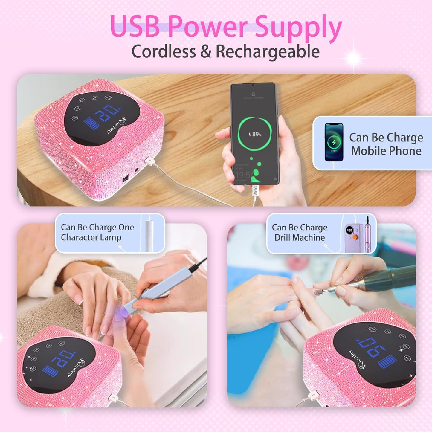 Lámpara de uñas LED UV inalámbrica recargable | 72 W | 5 ajustes de temporizador | Profesional de secado rápido con pantalla | Diamantes rosa