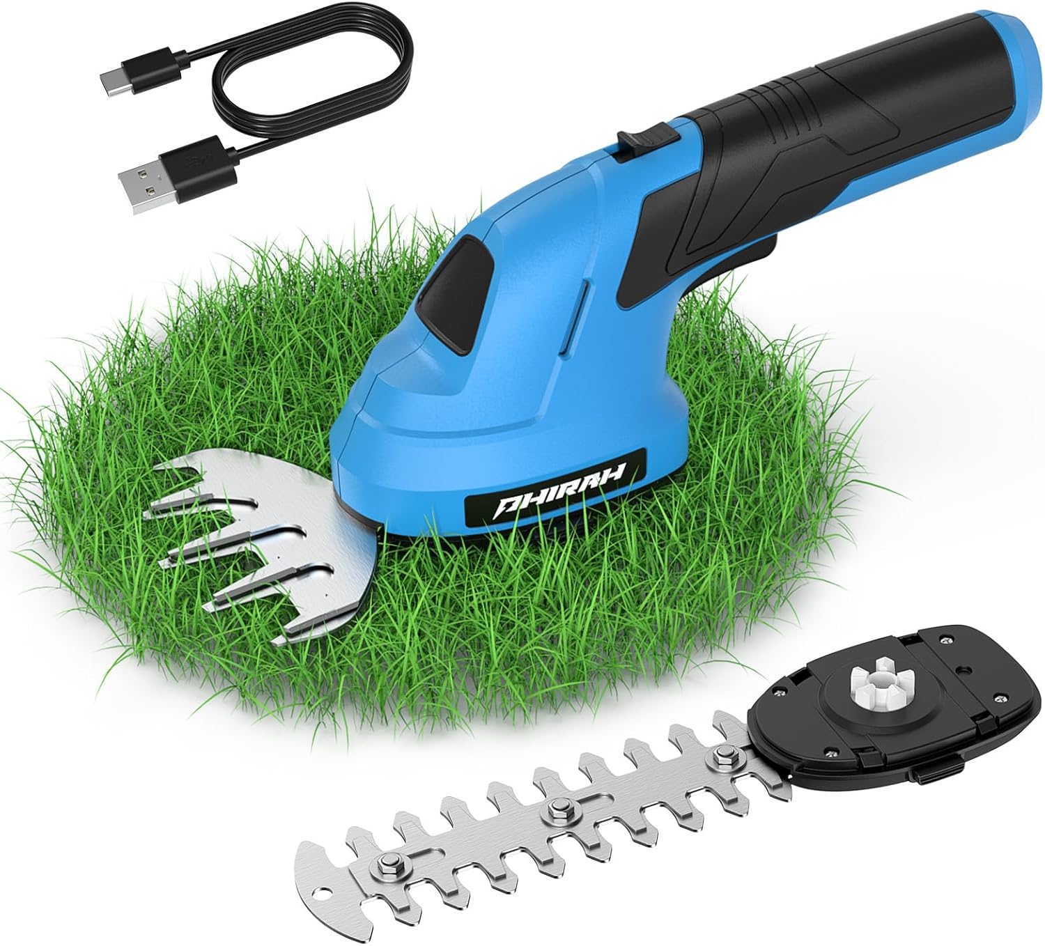 PHIRAH Cortasetos y Tijera de Césped Inalámbrica 7.2V 2 en 1 | Mini Podadora Recargable con Batería 2000mAh y Cargador USB – Para Arbustos, Bordes de Césped y Jardinería