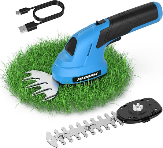 PHIRAH Cortasetos y Tijera de Césped Inalámbrica 7.2V 2 en 1 | Mini Podadora Recargable con Batería 2000mAh y Cargador USB – Para Arbustos, Bordes de Césped y Jardinería
