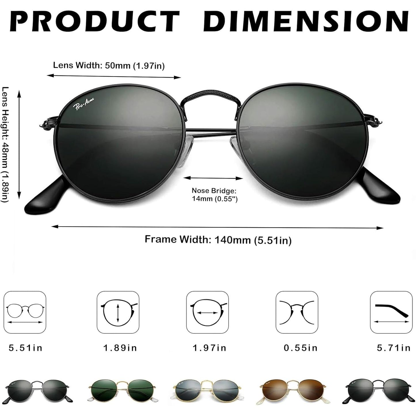 Pro Acme round Sunglasses for Women Men Classic Retro Circle Metal Sun Glasses 100% Real Glass Lens
