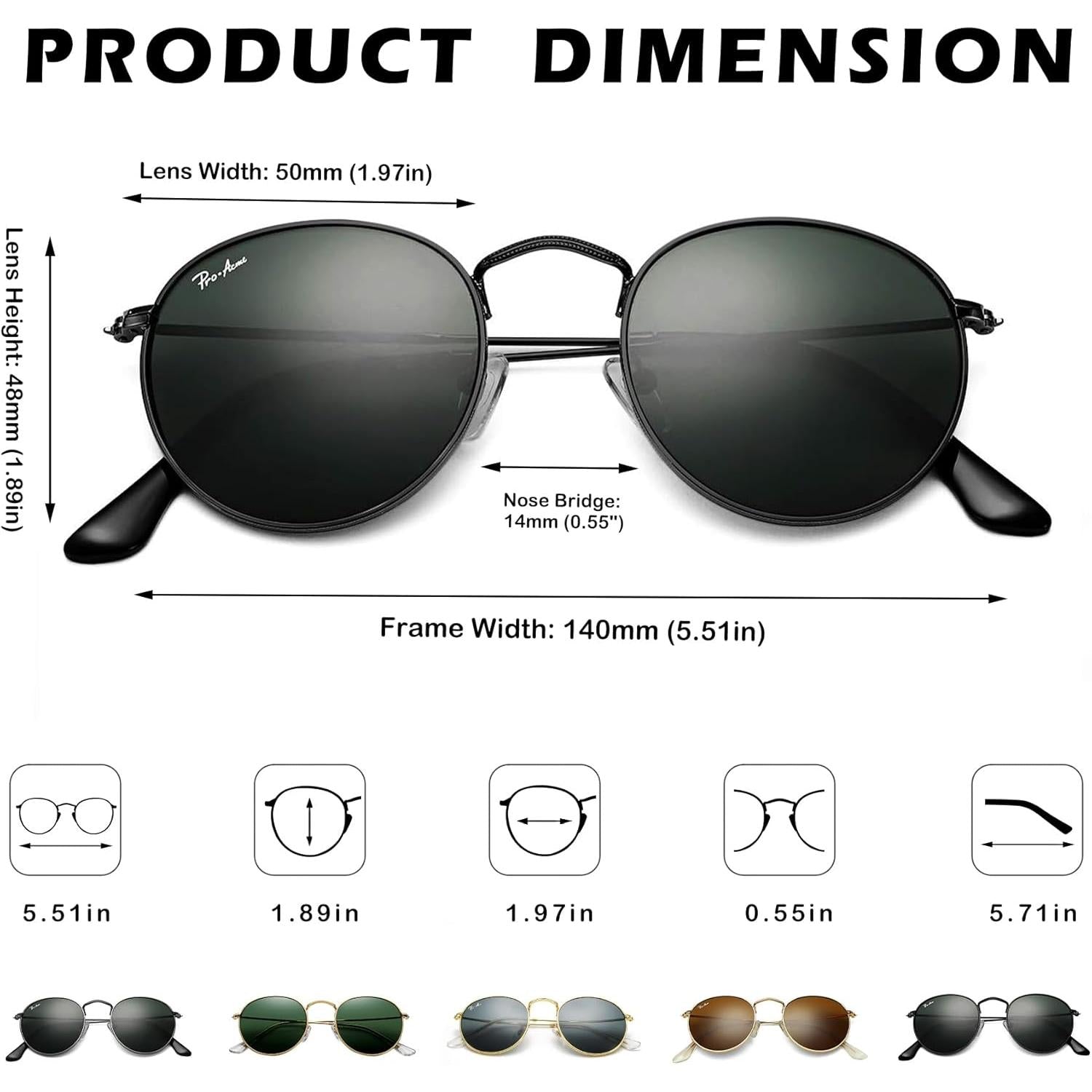 Pro Acme round Sunglasses for Women Men Classic Retro Circle Metal Sun Glasses 100% Real Glass Lens