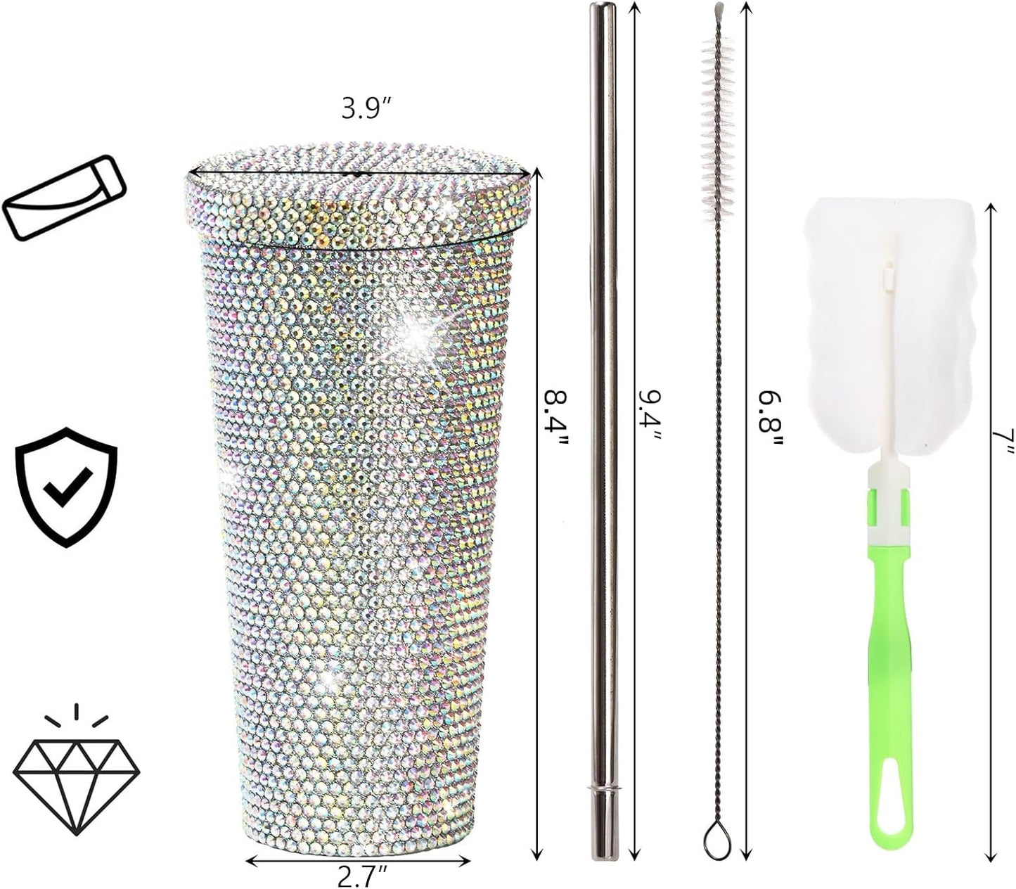 Vaso térmico con glitter y tapa | 798 ml | Aislado de acero inoxidable con diamantes de imitación de primera calidad | Color: Plata