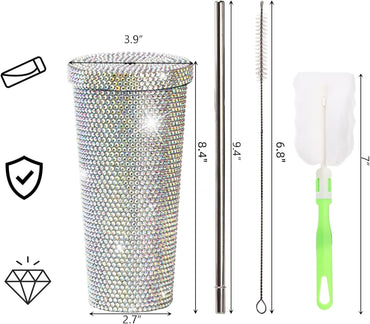 Vaso térmico con glitter y tapa | 798 ml | Aislado de acero inoxidable con diamantes de imitación de primera calidad | Color: Plata