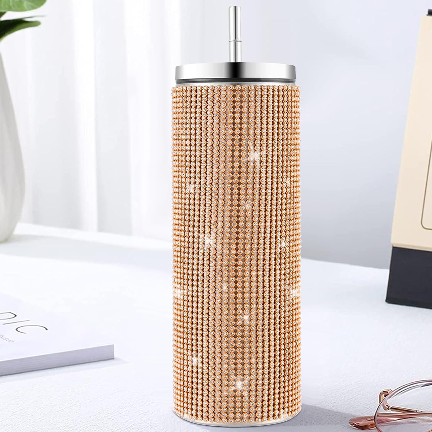 Vaso con sorbete | Diamantes dorados | Acero inoxidable de 591 ml