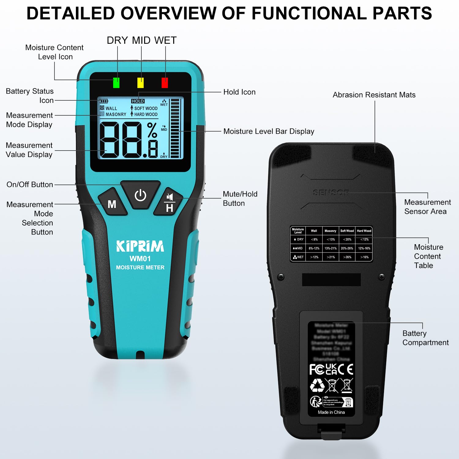 Medidor de Humedad sin Agujas WM01, Tester Digital para Madera, Paredes, Concreto y Pisos – Detección Precisa y No Destructiva