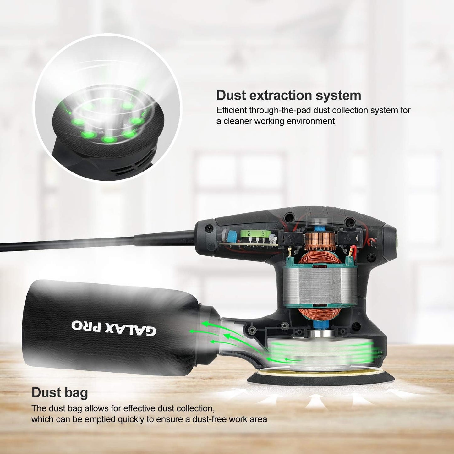 Lijadora Orbital 280W, 13.000 OPM con 6 Velocidades Variables – Lijadora Eléctrica de 5” con Colector de Polvo y 15 Discos de Lija – Para Madera, Metal y Plástico