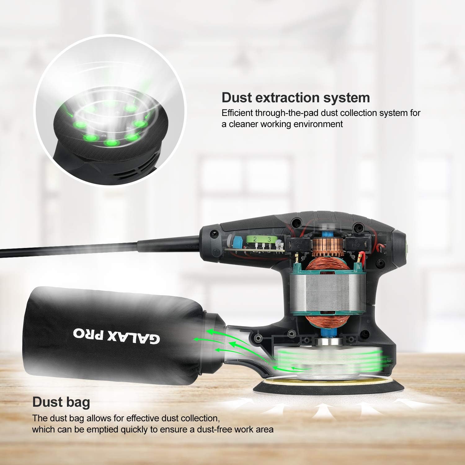 Lijadora Orbital 280W, 13.000 OPM con 6 Velocidades Variables – Lijadora Eléctrica de 5” con Colector de Polvo y 15 Discos de Lija – Para Madera, Metal y Plástico