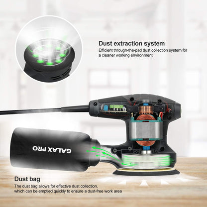 Lijadora Orbital 280W, 13.000 OPM con 6 Velocidades Variables – Lijadora Eléctrica de 5” con Colector de Polvo y 15 Discos de Lija – Para Madera, Metal y Plástico