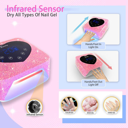 Lámpara de uñas LED UV inalámbrica recargable | 72 W | 5 ajustes de temporizador | Profesional de secado rápido con pantalla | Diamantes rosa