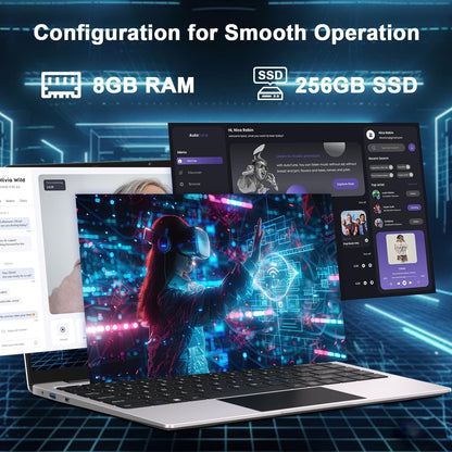 2025 14 Inch Laptop Computer Win 11 8GB+256GB SSD up to 1TB SSD Expand Laptops N4020 up to 2.8Ghz DDR4 1080P FHD Dual Wifi BT4.2 with Webcam Screen Projection Function for Business Student-Silver