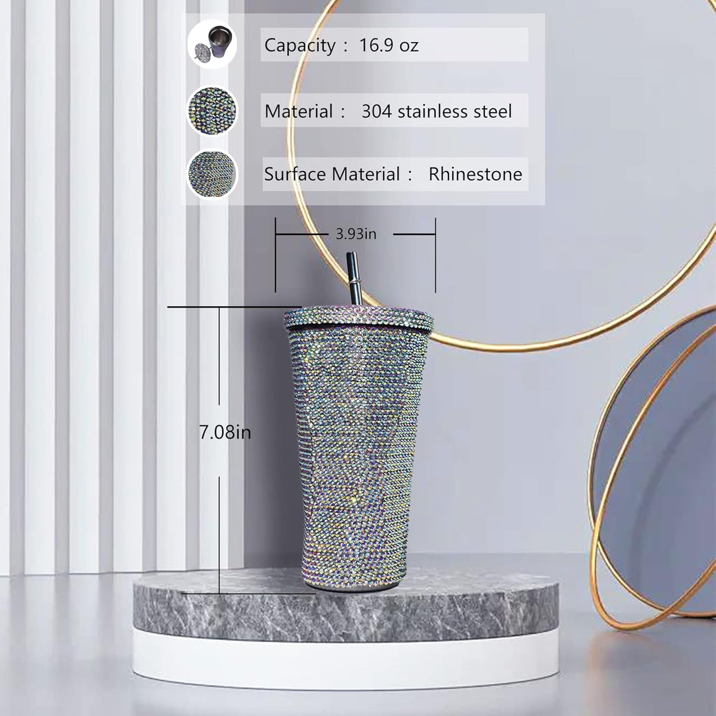 Vaso térmico con diamantes de imitación con tapa | 500 ml | Aislado de acero inoxidable con diamantes de imitación de primera calidad | Color: Plata