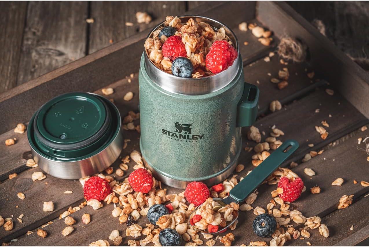 Classic Food Jar and Spork 14 Oz | Vacuum Insulated Thermos Food Container | Wide Mouth Screw on Lid | Packable for Travel | Stainless Steel with Leakproof Lid | Bpa-Free | Hammertone Green