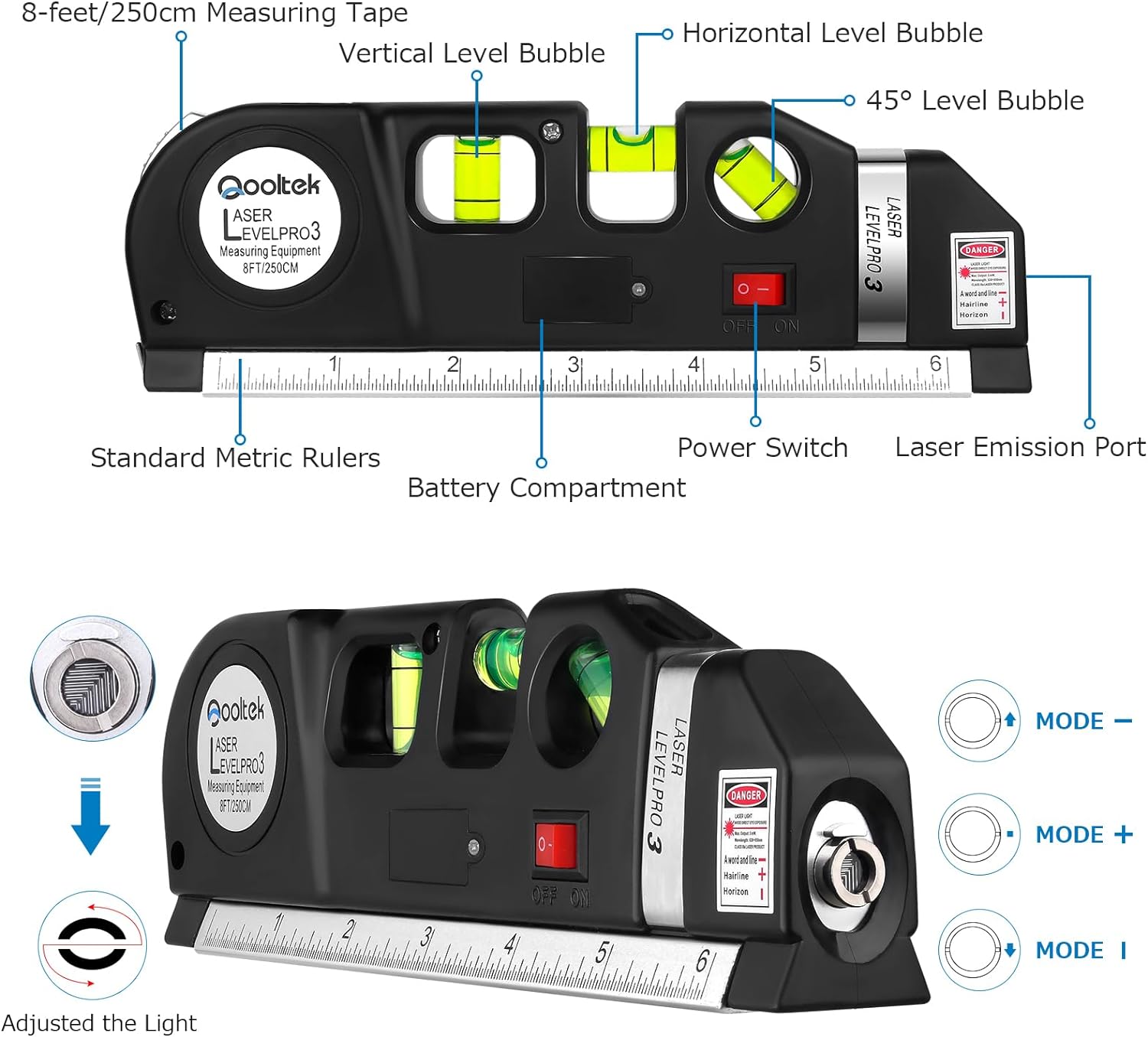 Nivel Láser Multiusos – Qooltek con Cinta Métrica 2,5M, Reglas en Pulgadas y Milímetros, 3 Modos de Láser (Vertical, Horizontal, Cruzado), Incluye Baterías