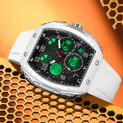 Reloj para Hombre Rectangular (Blanco) — Analógico + Digital, Doble Hora, Cronómetro, Cuenta Regresiva, 5 ATM, Estilo Punk, Correa de Silicona