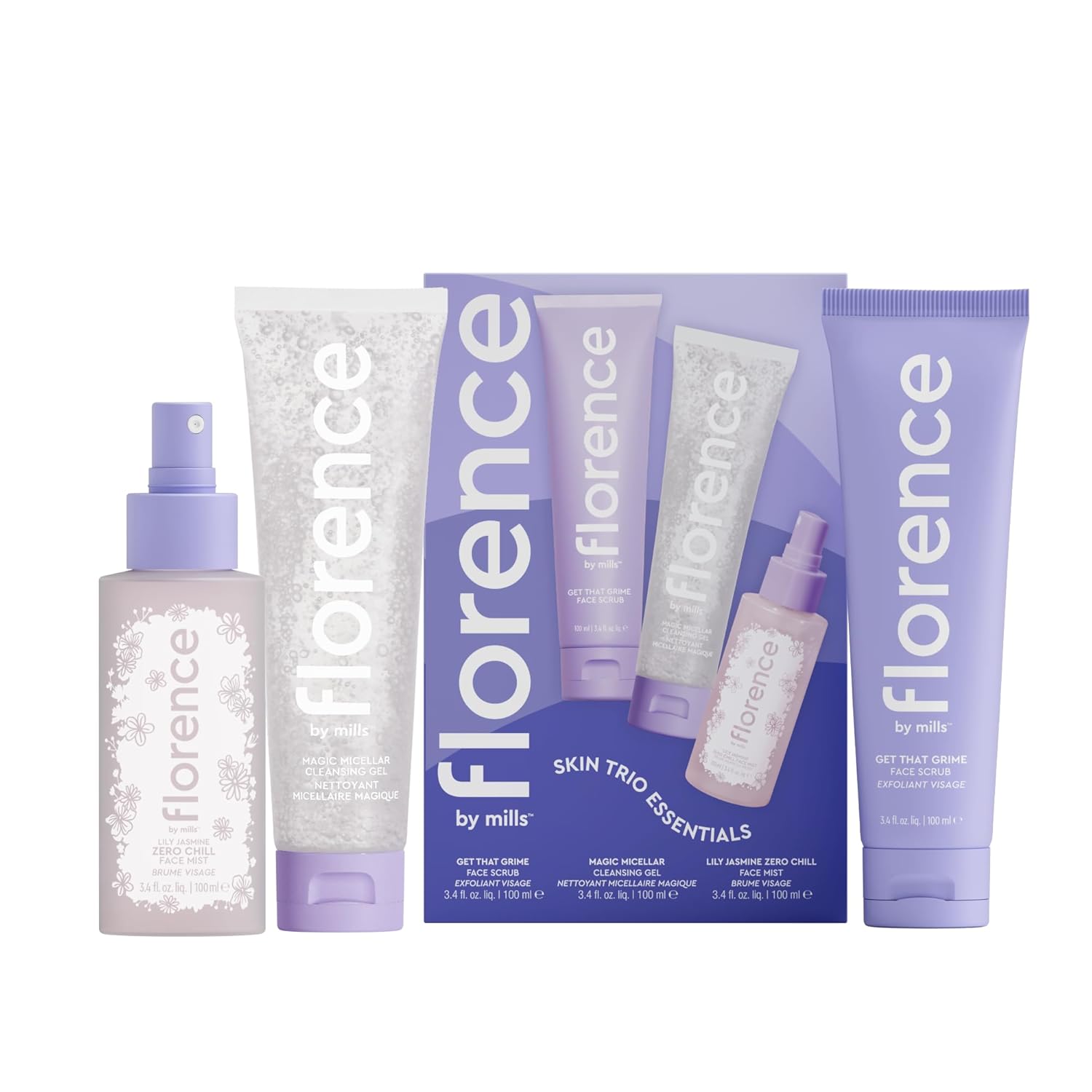 Florence by Mills Skin Trio Essentials Set | Set de Cuidado Facial con Limpiador Micelar, Exfoliante Suave y Tónico Hidratante – Vegano & Cruelty-Free