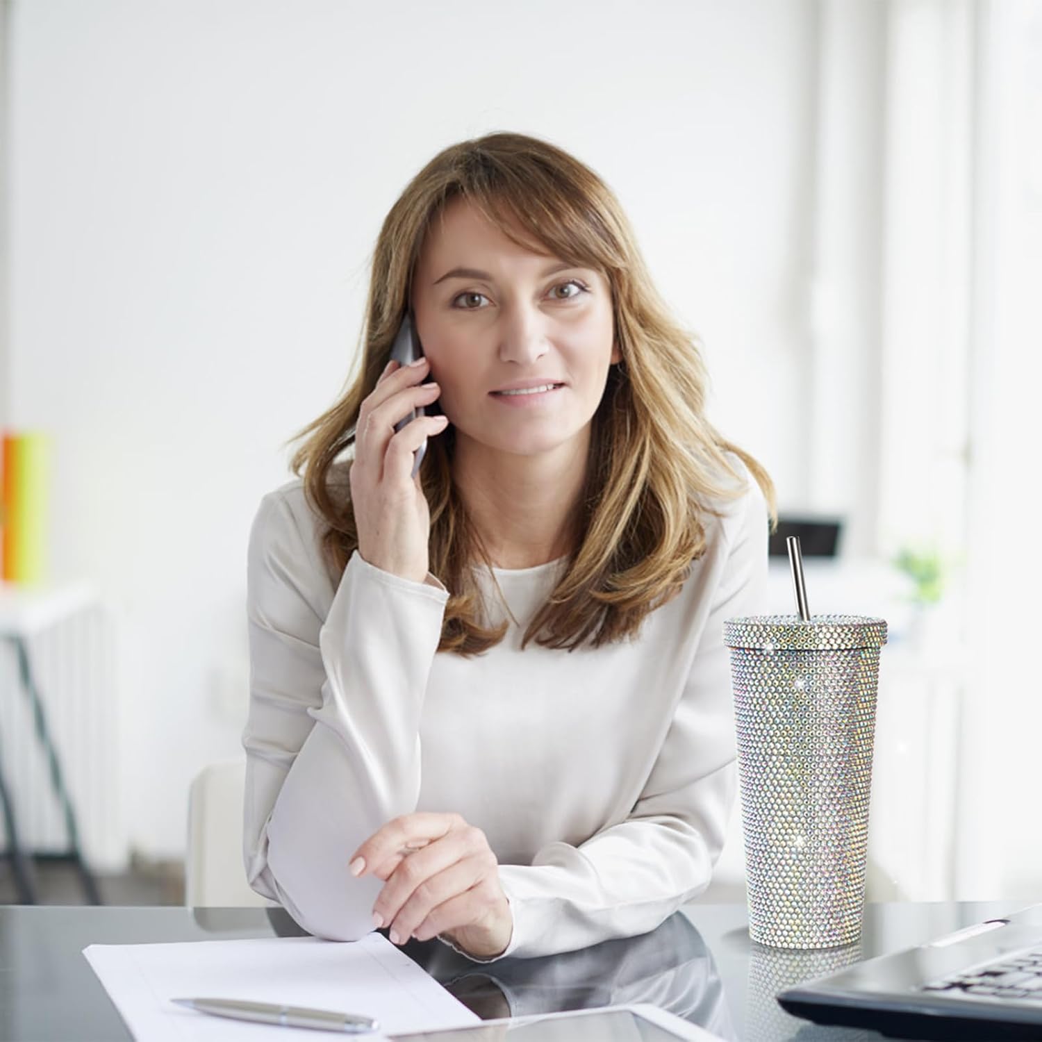 Vaso térmico con glitter y tapa | 798 ml | Aislado de acero inoxidable con diamantes de imitación de primera calidad | Color: Plata