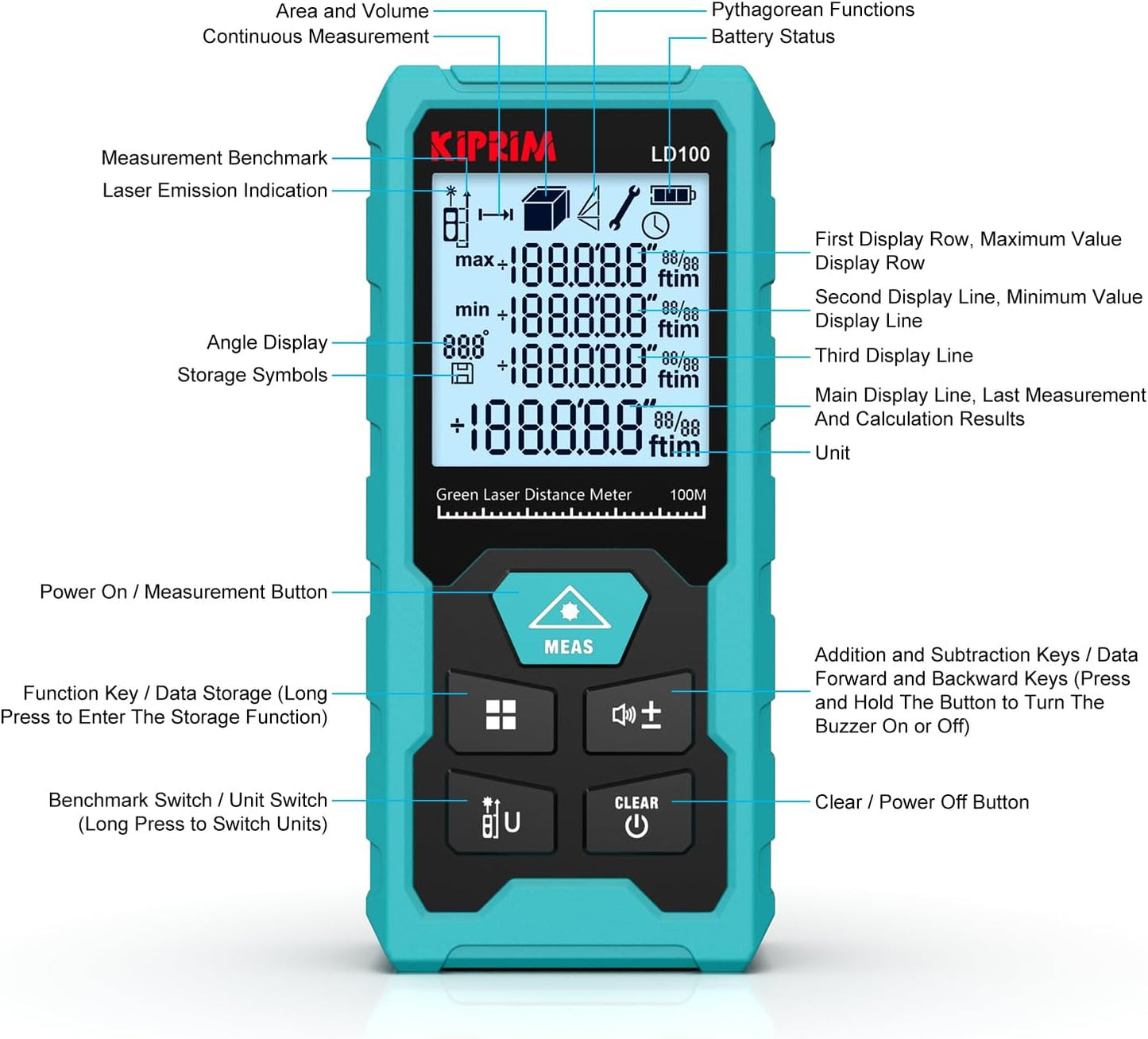 Medidor Láser Verde LD100, 328ft / 100M, Recargable USB-C, Alta Precisión ±2mm, Nivel Electrónico, 10 Funciones, Memoria 99 Datos, IP54