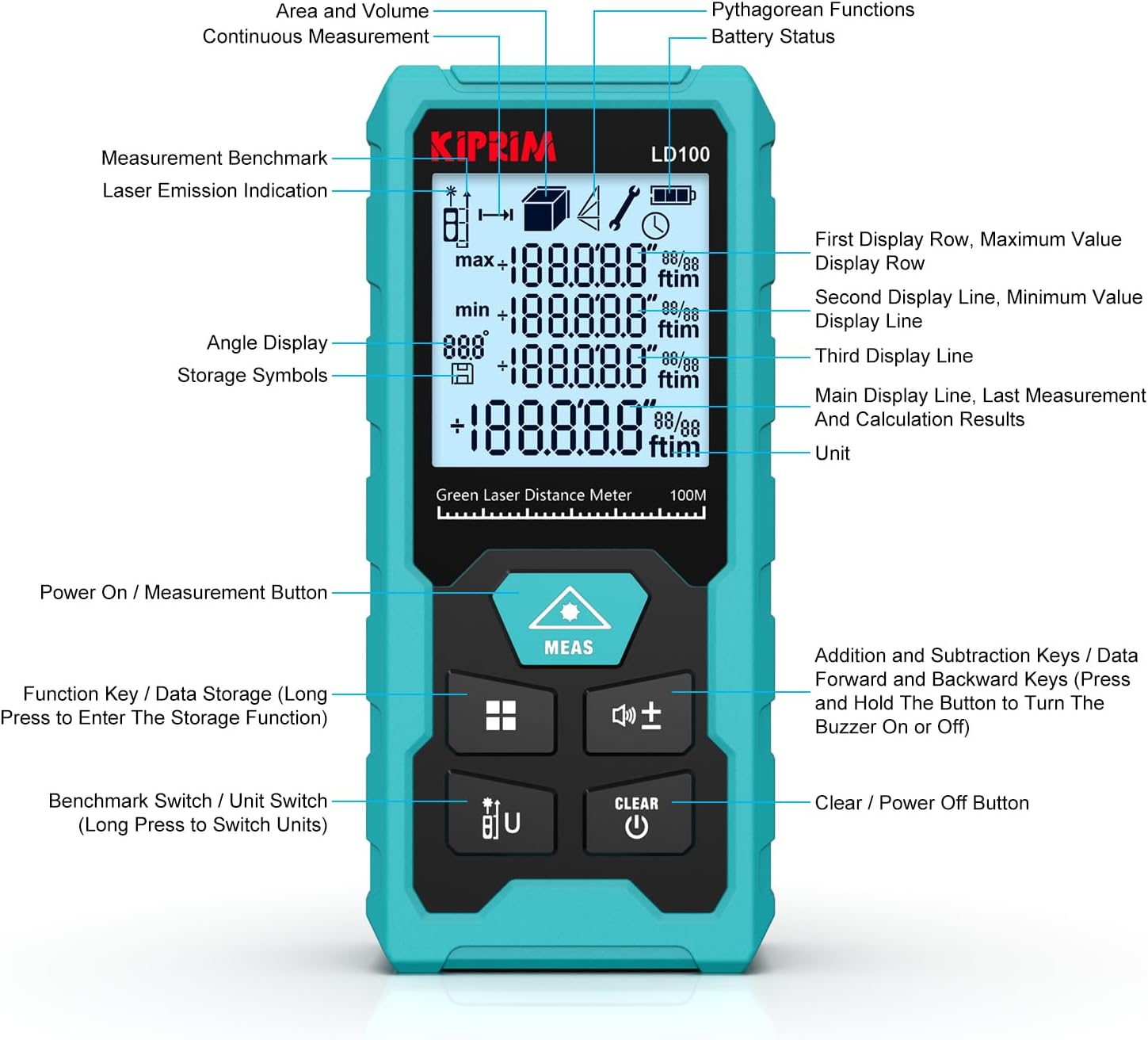 Medidor Láser Verde LD100, 328ft / 100M, Recargable USB-C, Alta Precisión ±2mm, Nivel Electrónico, 10 Funciones, Memoria 99 Datos, IP54