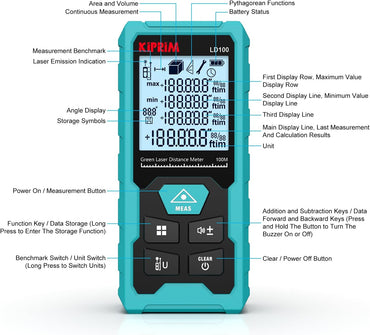 Medidor Láser Verde LD100, 328ft / 100M, Recargable USB-C, Alta Precisión ±2mm, Nivel Electrónico, 10 Funciones, Memoria 99 Datos, IP54