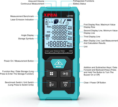 Medidor Láser Verde LD100, 328ft / 100M, Recargable USB-C, Alta Precisión ±2mm, Nivel Electrónico, 10 Funciones, Memoria 99 Datos, IP54