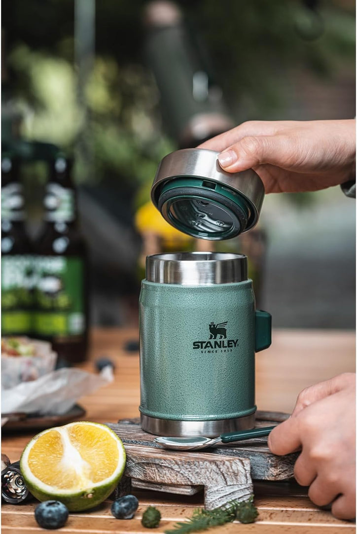 Classic Food Jar and Spork 14 Oz | Vacuum Insulated Thermos Food Container | Wide Mouth Screw on Lid | Packable for Travel | Stainless Steel with Leakproof Lid | Bpa-Free | Hammertone Green