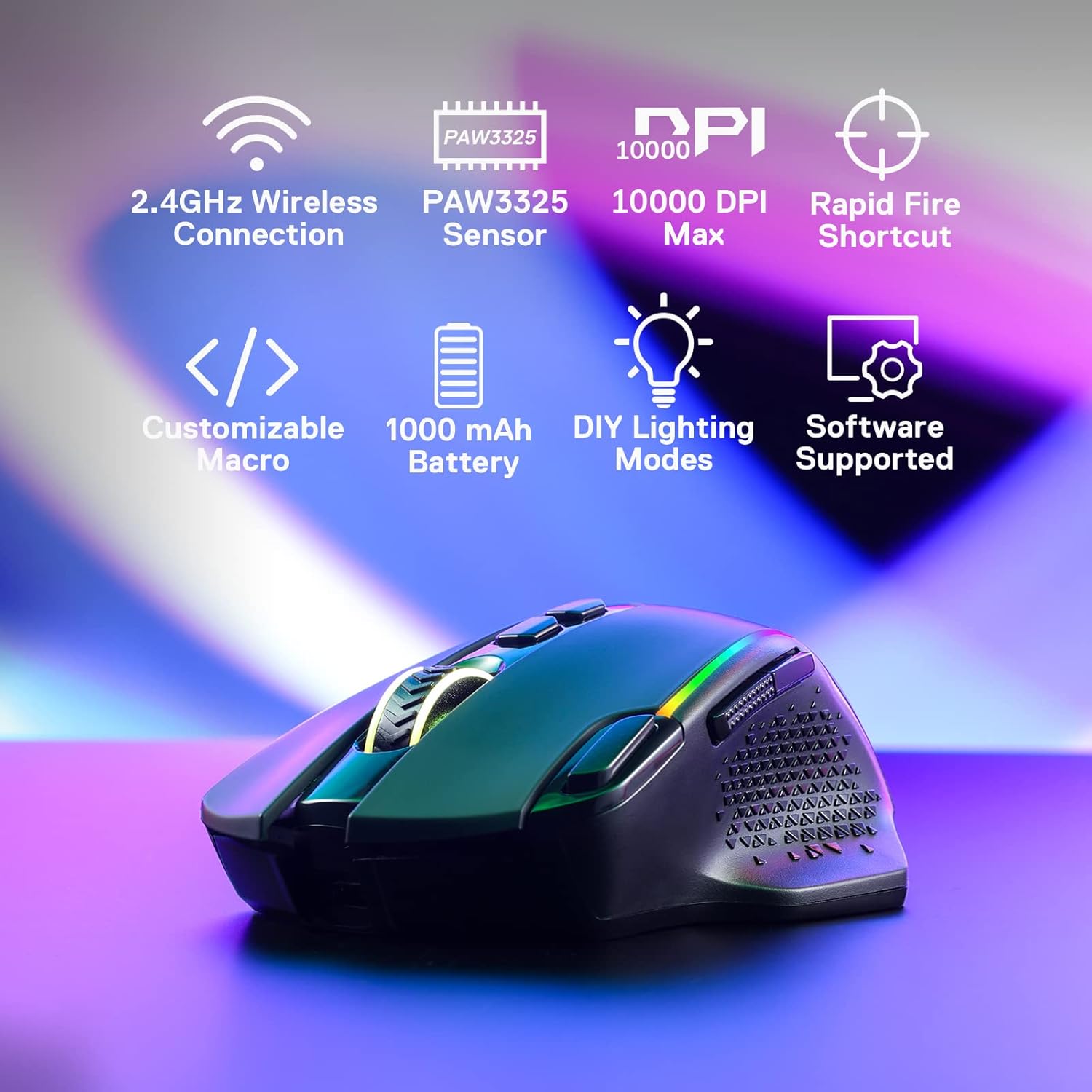 Redragon M810 Pro – Mouse Gaming Inalámbrico y Con Cable, 10,000 DPI, 8 Botones Macro, Rapid Fire, RGB